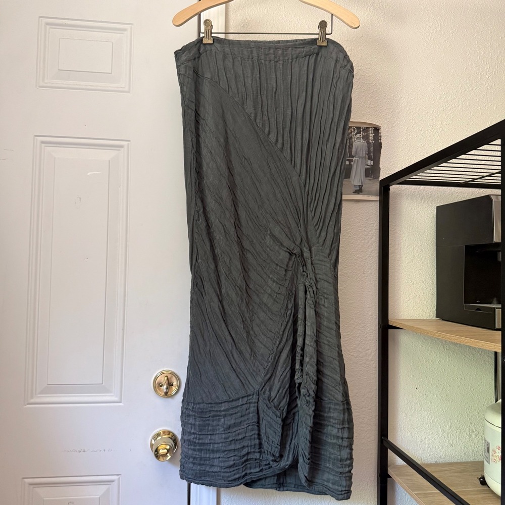 GRIZAS charcoal grey cotton silk textured lagenlook crinkle draped maxi skirt